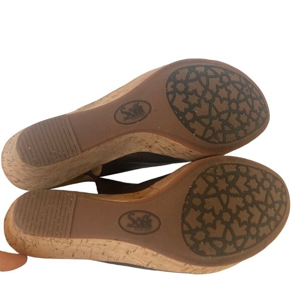 Sofft Black Leather Wedge Sandals Womens 7.5 Peep Toe Cork Heel Adjustable Strap - Picture 9 of 11